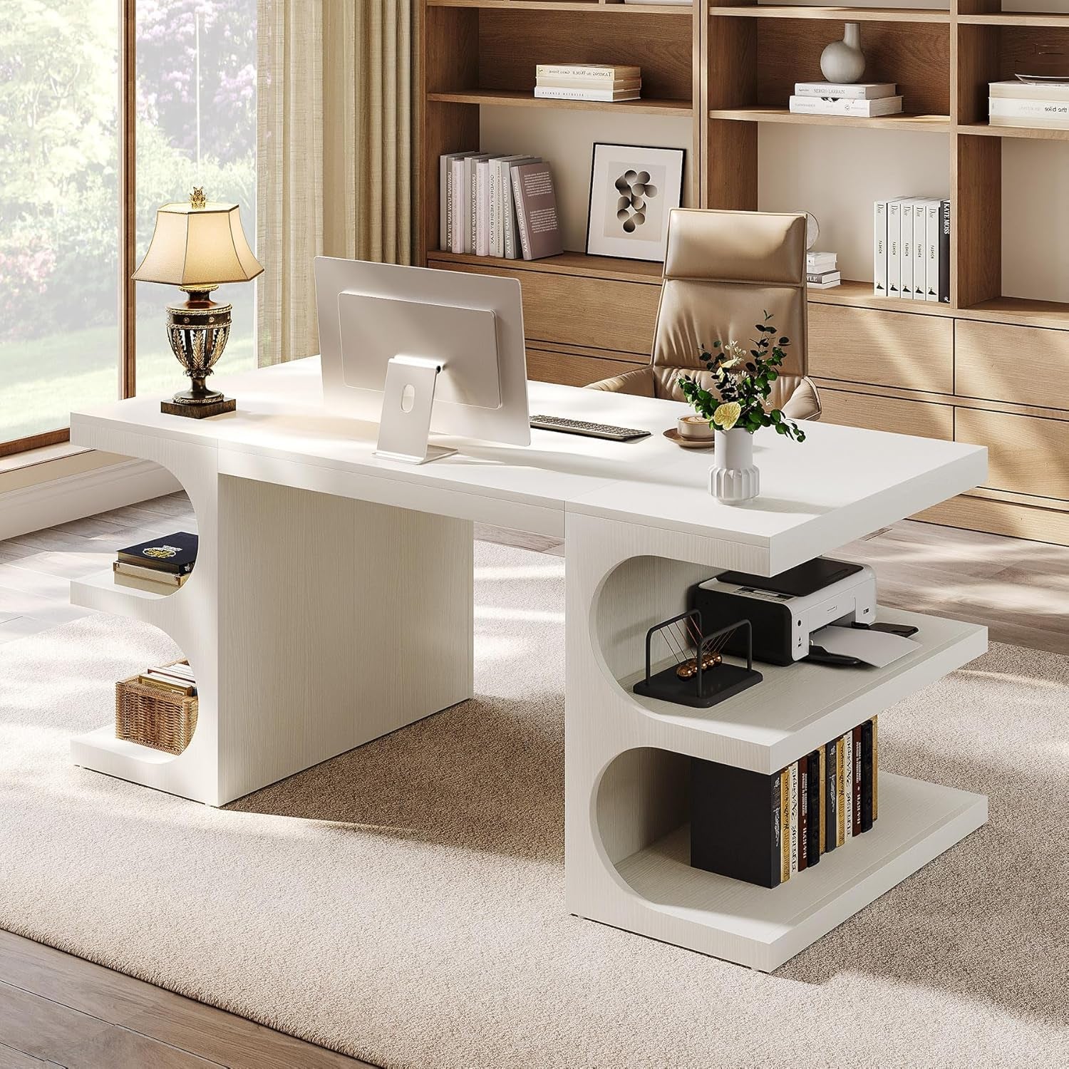 White Executive Office Desk, 63" Computer Desk with Storage Shelves, Modern Wood Study Writing Table, Large Workstation Business Furniture for Home Office (Table Only)