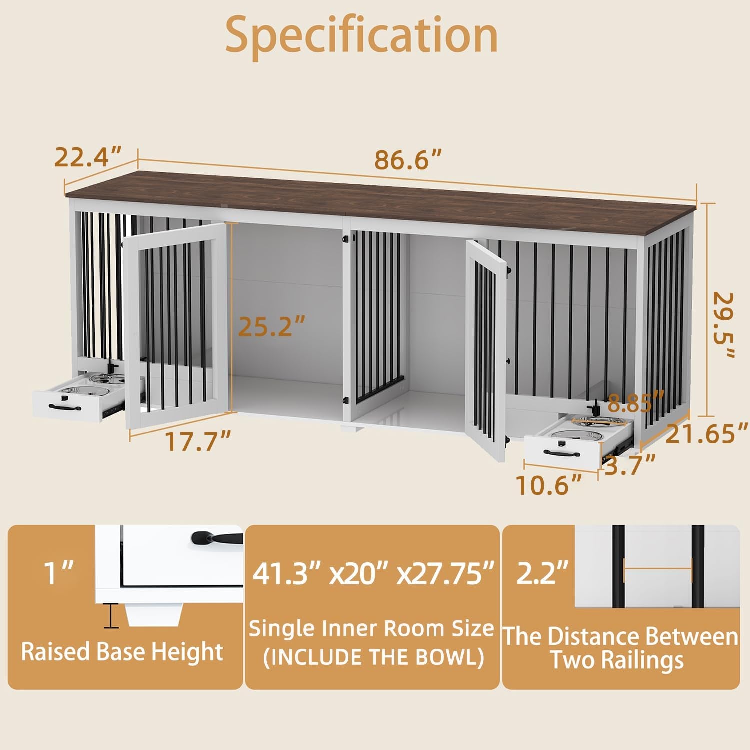 Furniture Style Large Dog Crate for 2 Dogs, 86.6" Heavy Duty Wooden Dog Kennel with Dog Bowl Drawers & Divider, Indoor Furniture Style Dog Kennel for Large Medium Dogs, White