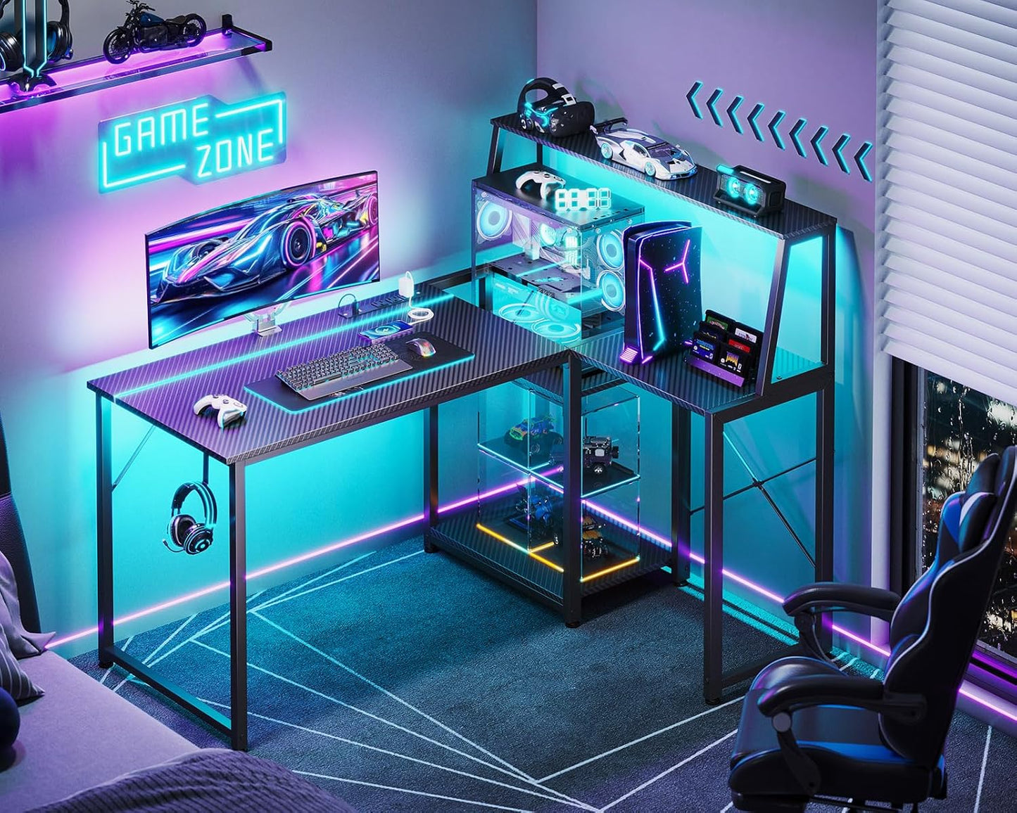 45 Inch L Shaped Gaming Desk with Power Outlet & LED Lights, Computer Table with Corner Desktop Showcase for CPU Stand, Display Storage Shelf, Carbon Fiber Surface, Black