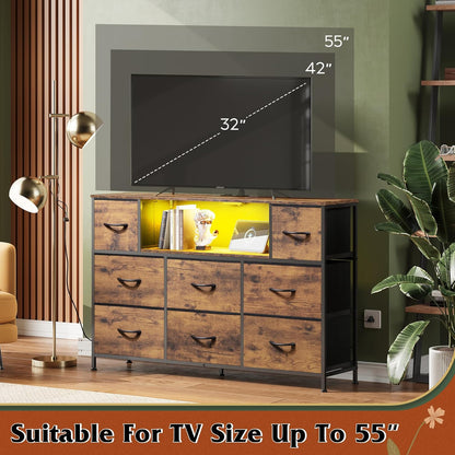 Dresser TV Stand for 45, 50, 55 Inch TV, Entertainment Center with LED Lights & Charging Station, Chest of Drawers with 8 Fabric Drawers and Open Shelves for Living Room, Hallway, Rustic Brown