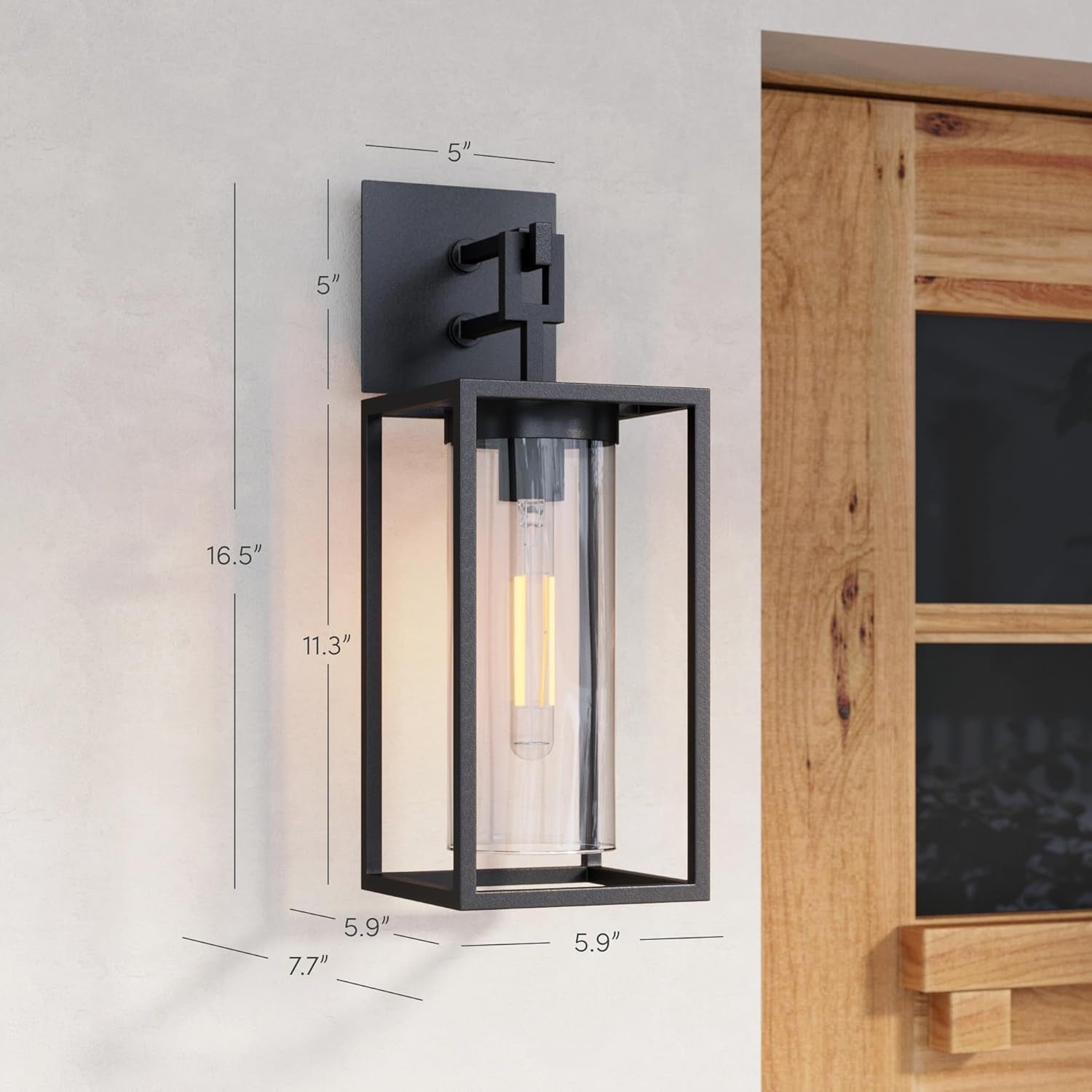 Sedona Outdoor Black Wall Sconce Light Fixture, Exterior Porch Lantern with Open Iron Frame and Cylinder Glass Shade for Patio and Front Door, Black/Clear, Set of 2