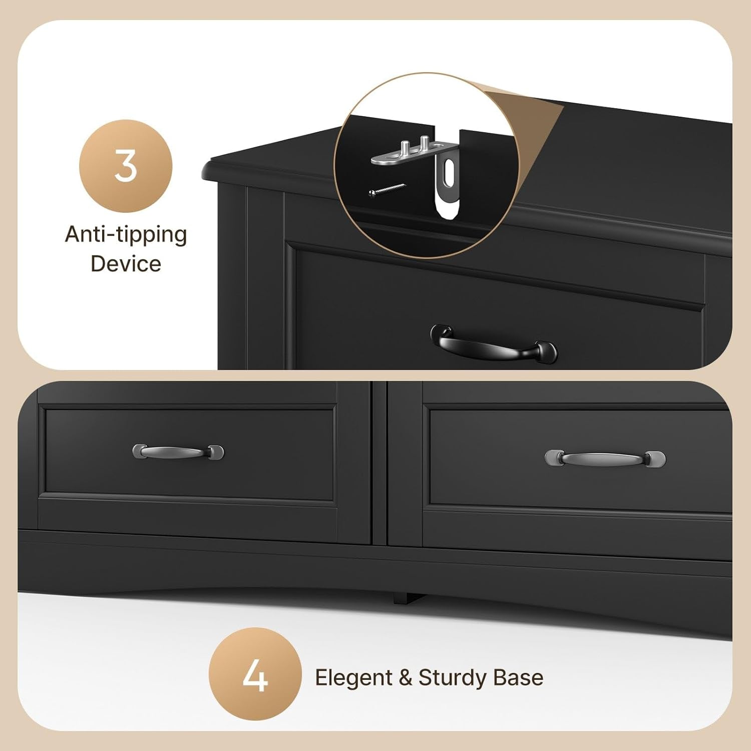 6 Drawer Dresser for Bedroom，47'' Larger Chest of Drawers with Mental Handle for Kids Room, Black Dresser with 6 Storage Drawers for Living Room, Entryway and Hallway, Black