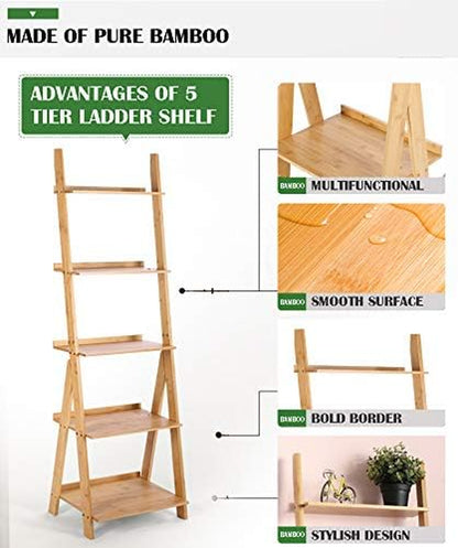 Corner Ladder Shelf Storage Shelving, 5 Tier Books/Cds/Albums/Files Holder in Living Room Home Office,Simple Assembly