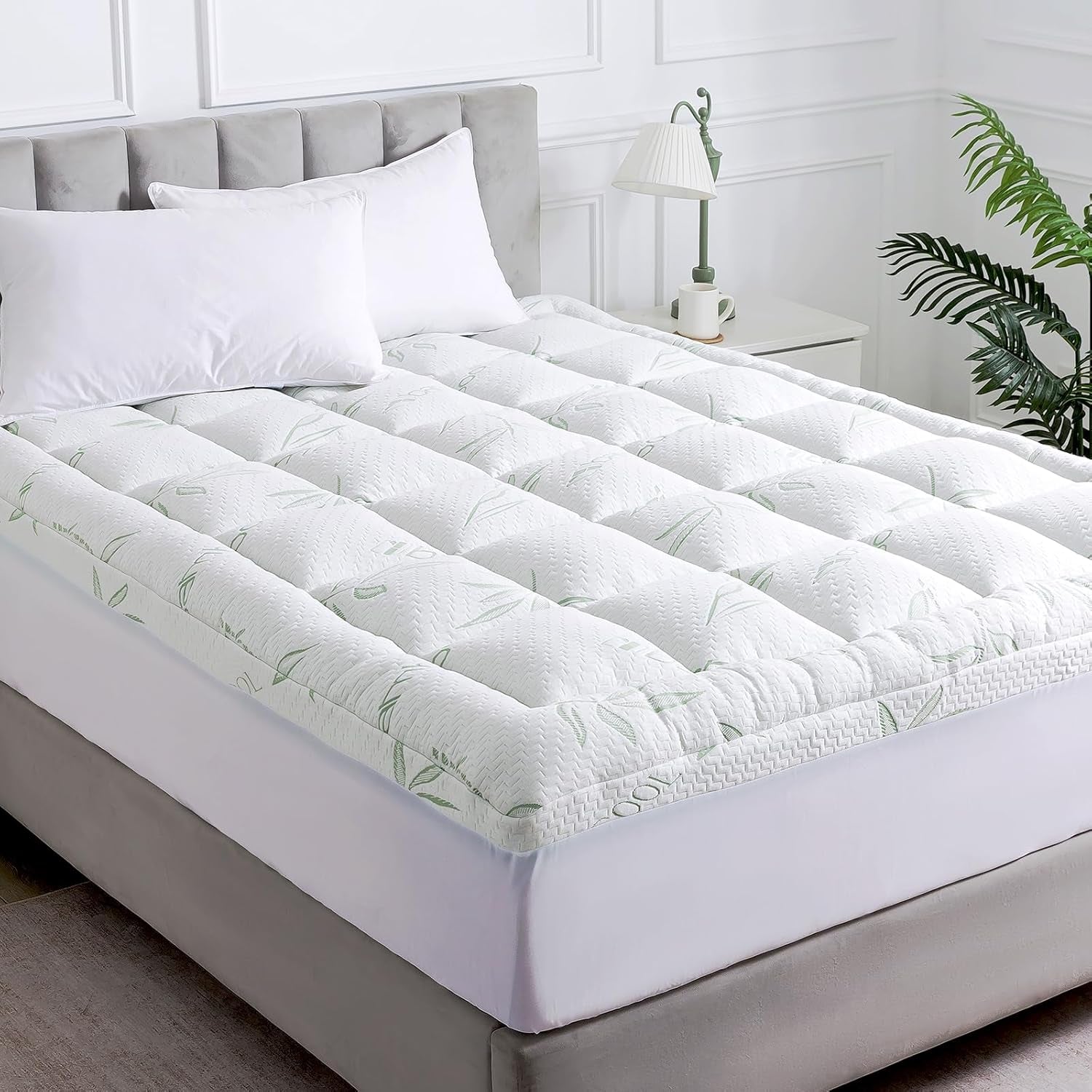 Queen Mattress Topper, Soft Pillow Top Mattress Topper with Deep Pocket Fits 8–21 Inch,7D Spiral Fiber Filling, Bamboo Viscose Air Layer Mattress Topper Queen.