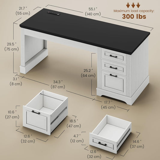 Farmhouse 55" Executive Desk, Computer Desk with Storage Drawers and Power Outlet, Home Office Desk, Workstation for Office Home, White