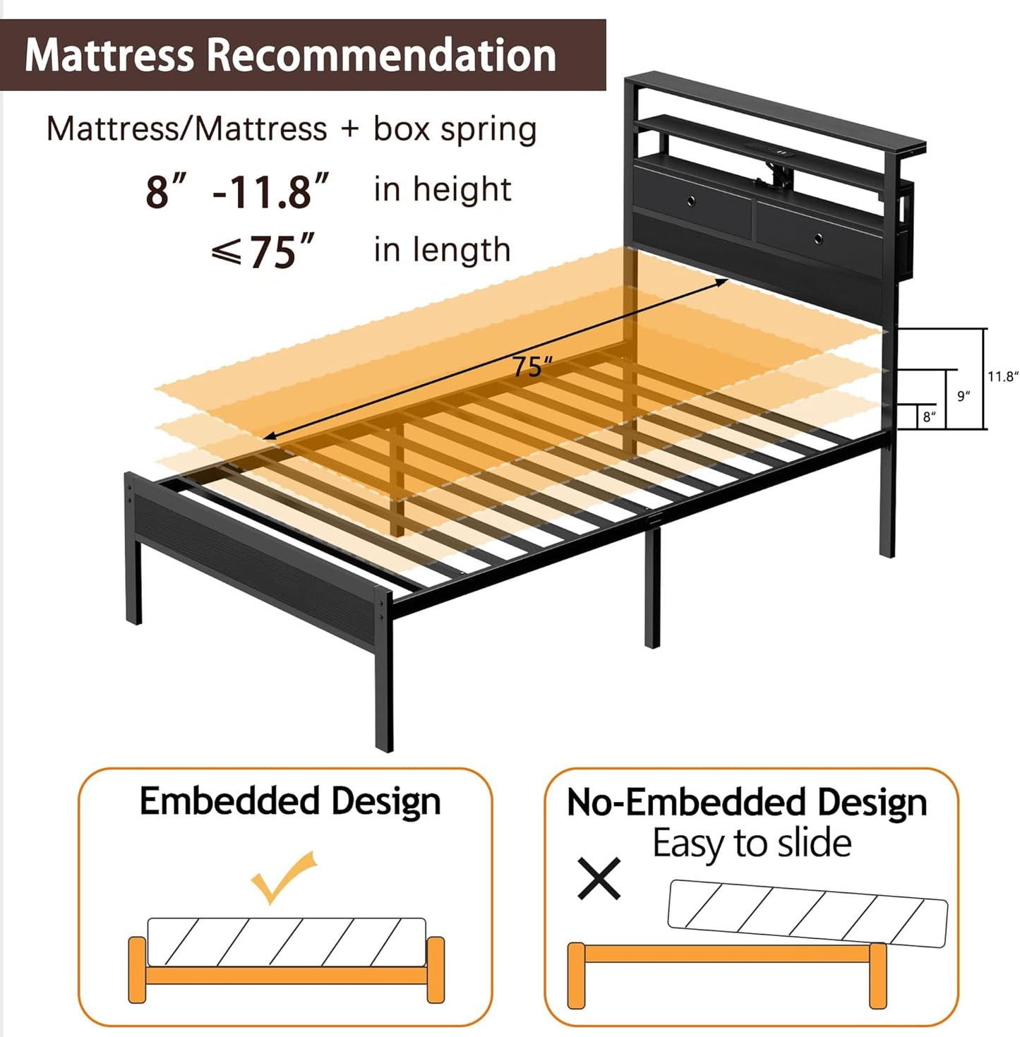 Twin Bed Frames with Charging Station and LED Lights, Wood Headboard with 2 Fabric Drawers and Storage Shelves, Twin Size Platform Bed with Metal Slats, No Box Spring Needed, Black Oak
