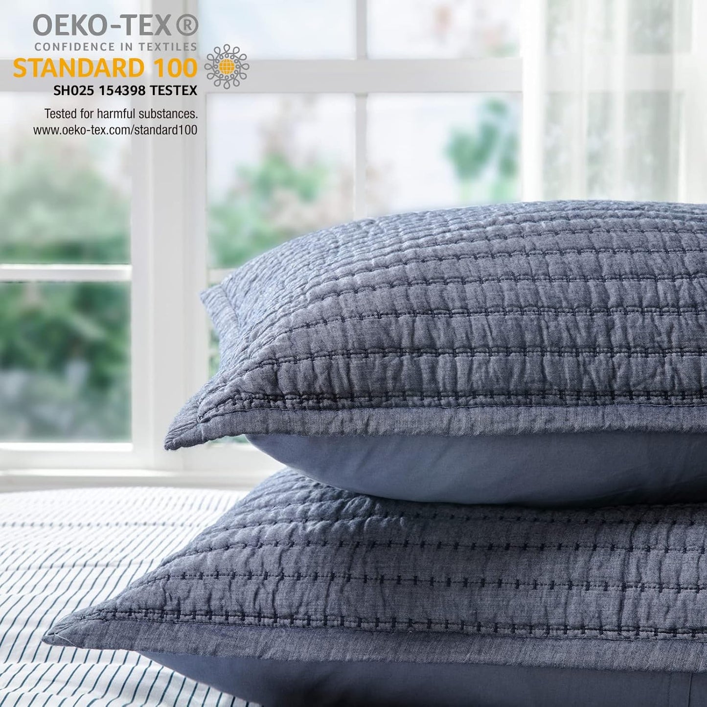 Cotton Yarn Dyed Chambray Collection Cotton Fill Channel Stitch Washed King Pillow Sham Blue Color, 20’’ X 36’’+1.75’’ Flange (1Piece)