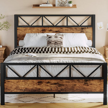 Queen Bed Frame, Tall Industrial Headboard 51.2 ", Platform Bed Frame with Strong Metal Support, Solid and Stable, Noise Free, No Box Spring Needed, Easy Assembly, Vintage Brown