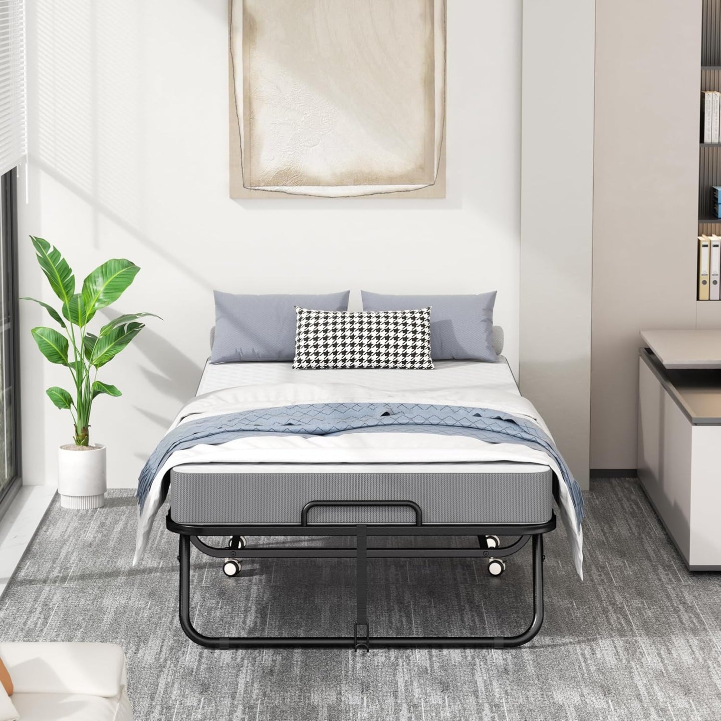 Folding Bed with Mattress, 75" X 31" - 5" Thick Memory Foam Mattress, Cot Size Portable Beds for Adults, Metal Bed Frame on Wheels for Guest, Space Saving Roll Away Beds for Easy Storage