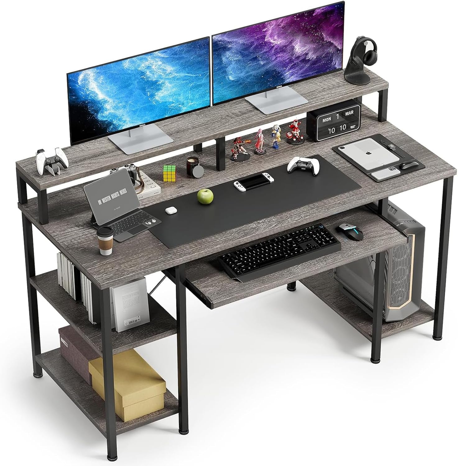 Computer Desk- 48 Inch Home Office Desk with Keyboard Tray, 47" Gaming Desk with Full Monitor Stand & Storage Shelves & CPU Stand, Modern Study Writing Table with Shelf for Storage, Gray Oak