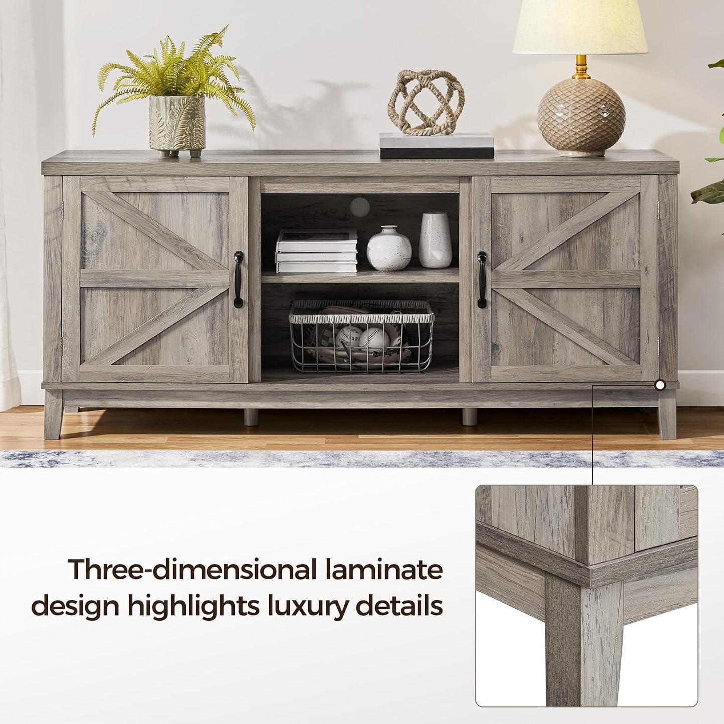 TV Stand for 65 Inch TV, Farmhouse TV Console Table for Living Room, Tall Entertainment Center with Double Barn Doors for Bedroom, Gray