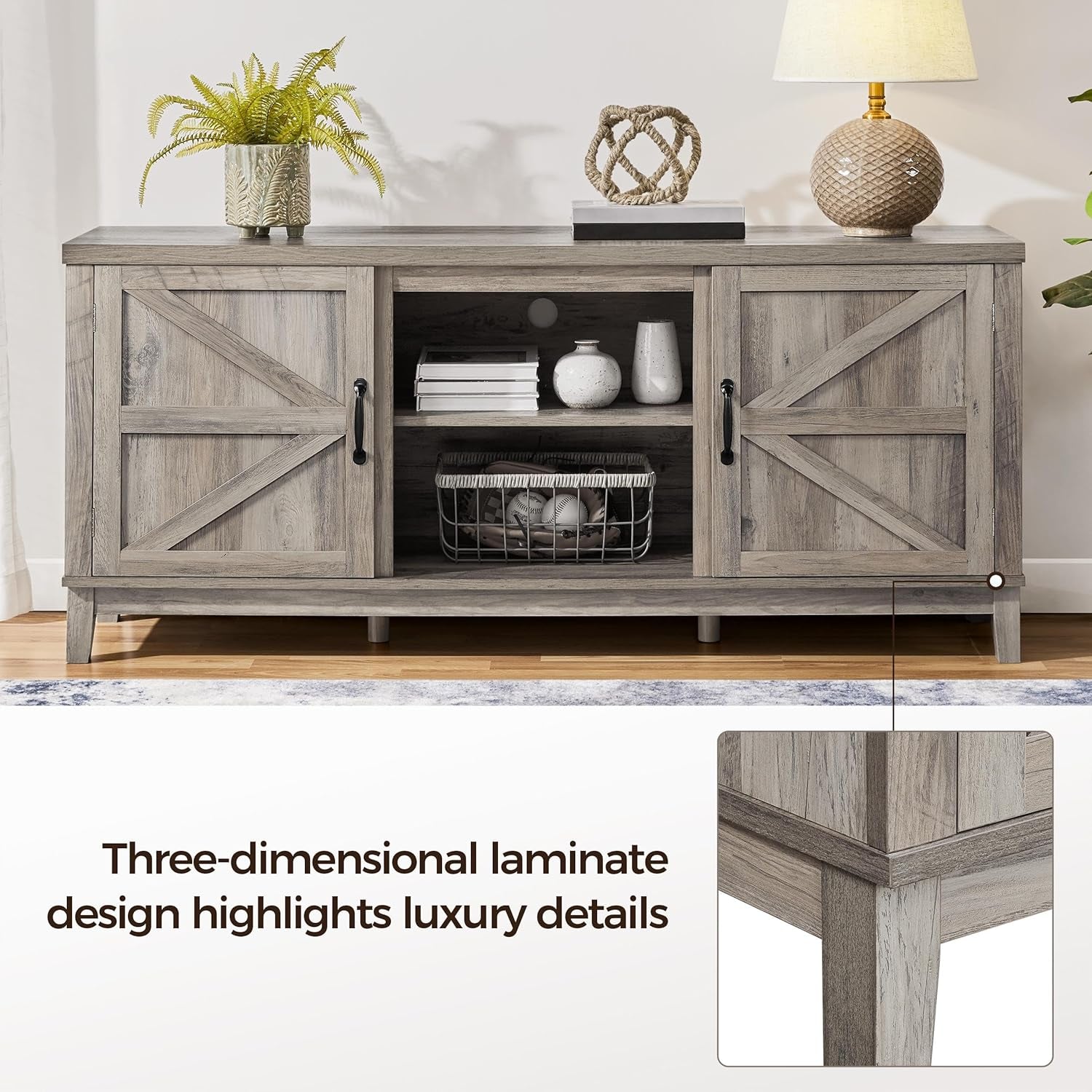 TV Stand for 65 Inch TV, Farmhouse TV Console Table for Living Room, Tall Entertainment Center with Double Barn Doors for Bedroom, Gray