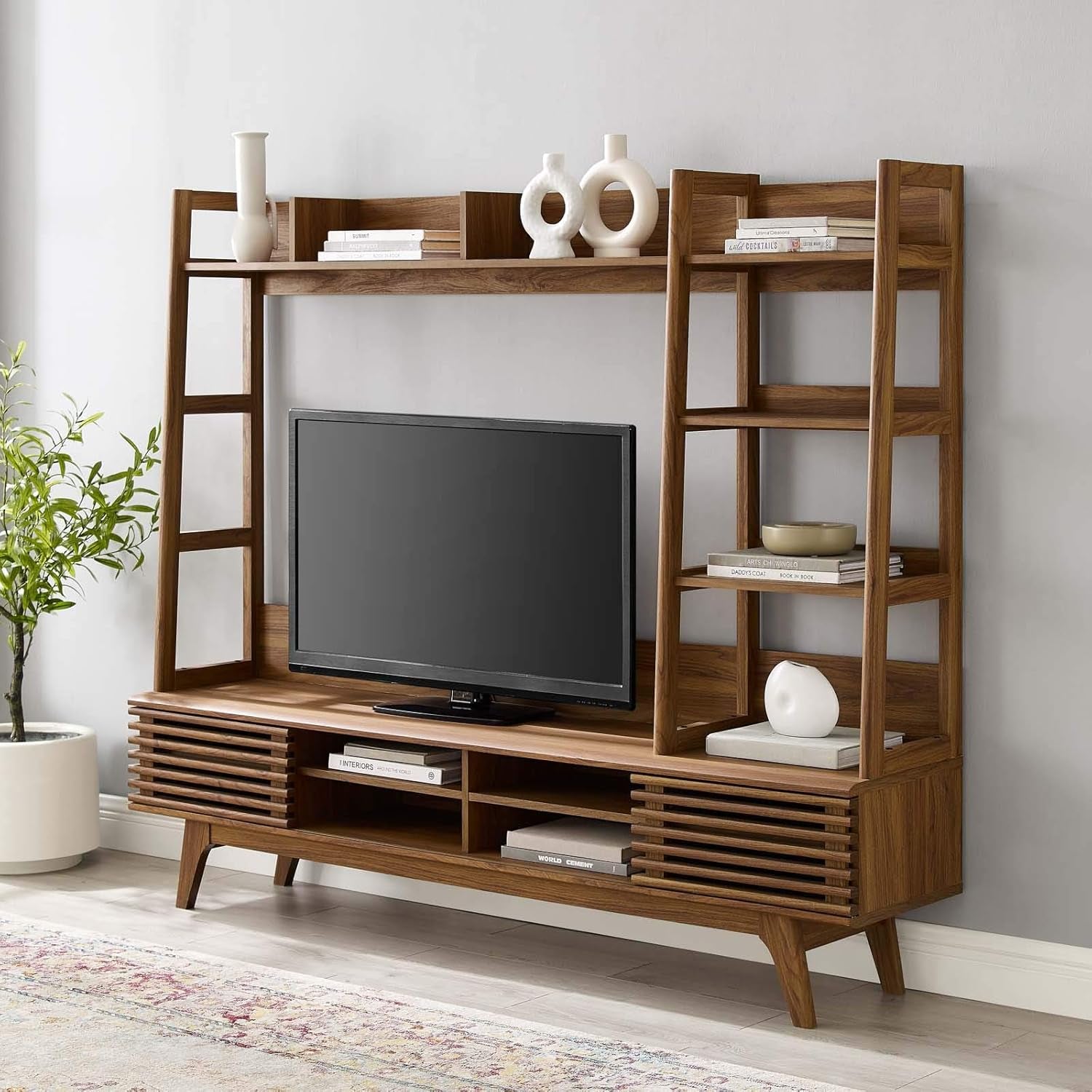 Render Mid-Century Modern TV Stand Entertainment Center, 70", Walnut