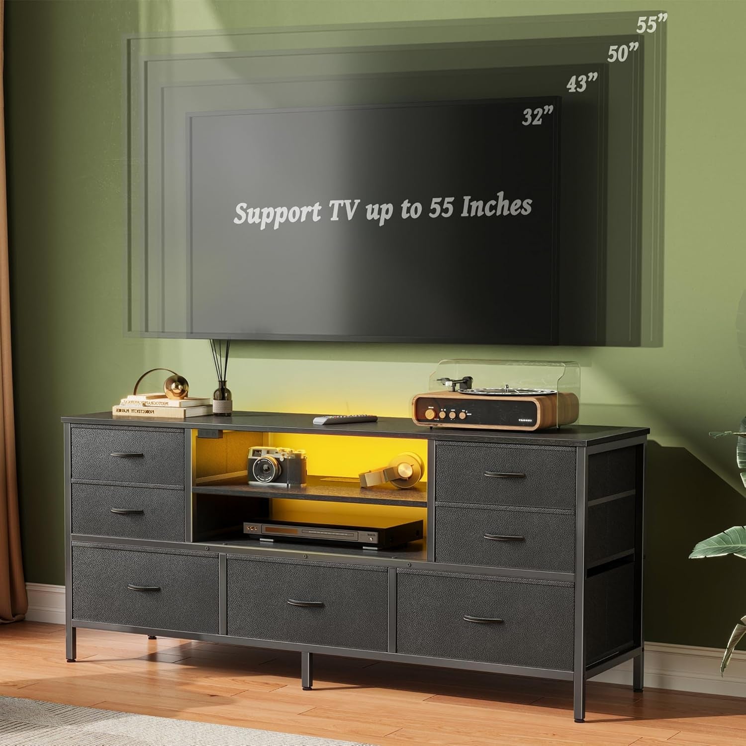 TV Stand Dresser with Power Outlets and LED Lights, 7 Drawer Console for 55 Inch TV, Black PU Leather Bedroom Dresser