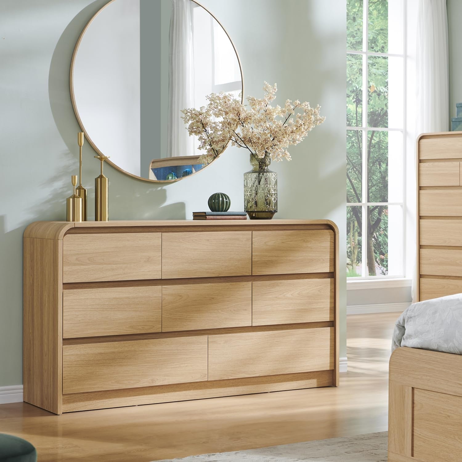 Modern 8 Drawers Dresser for Bedroom, 55" Wide Dressers & Chest of Drawers W/Curved Profile Design, Wood Mid Century Storage Dressers Organizer for Bedroom, Living Room, Natural Oak