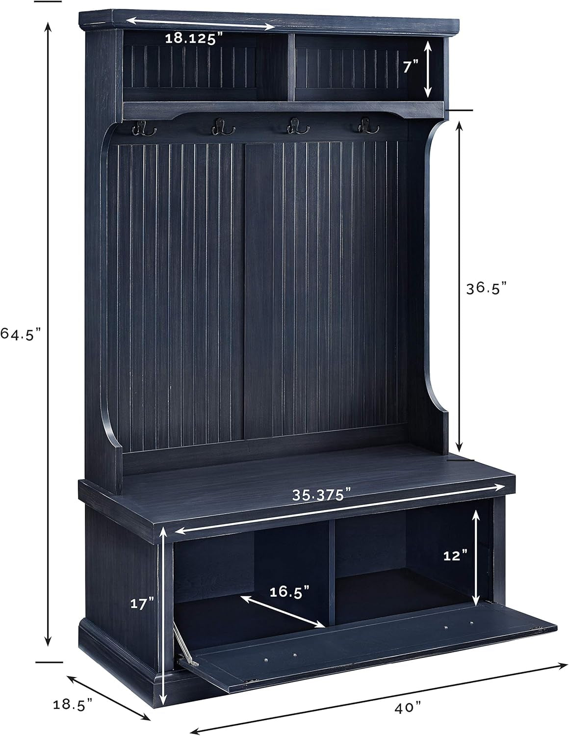 Seaside Hall Tree with Shoe Rack Bench and Coat Hooks for Hanging Storage, Distressed Navy