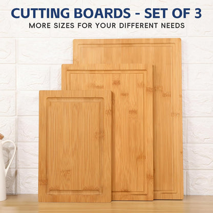 3-Piece Bamboo Cutting Boards for Kitchen, Heavy Duty Bamboo Cutting Board with Juice Groove, Wood Cutting Board Set for Meat, Vegetables