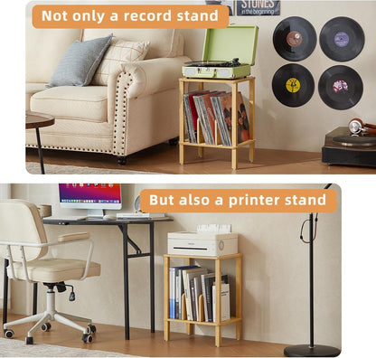 2-Tier Bamboo Record Player Stand with Vinyl Record Storage up to 100 Albums, Boho Bedroom Record Holder and Multi-Functional End Table for Living Room, Natural