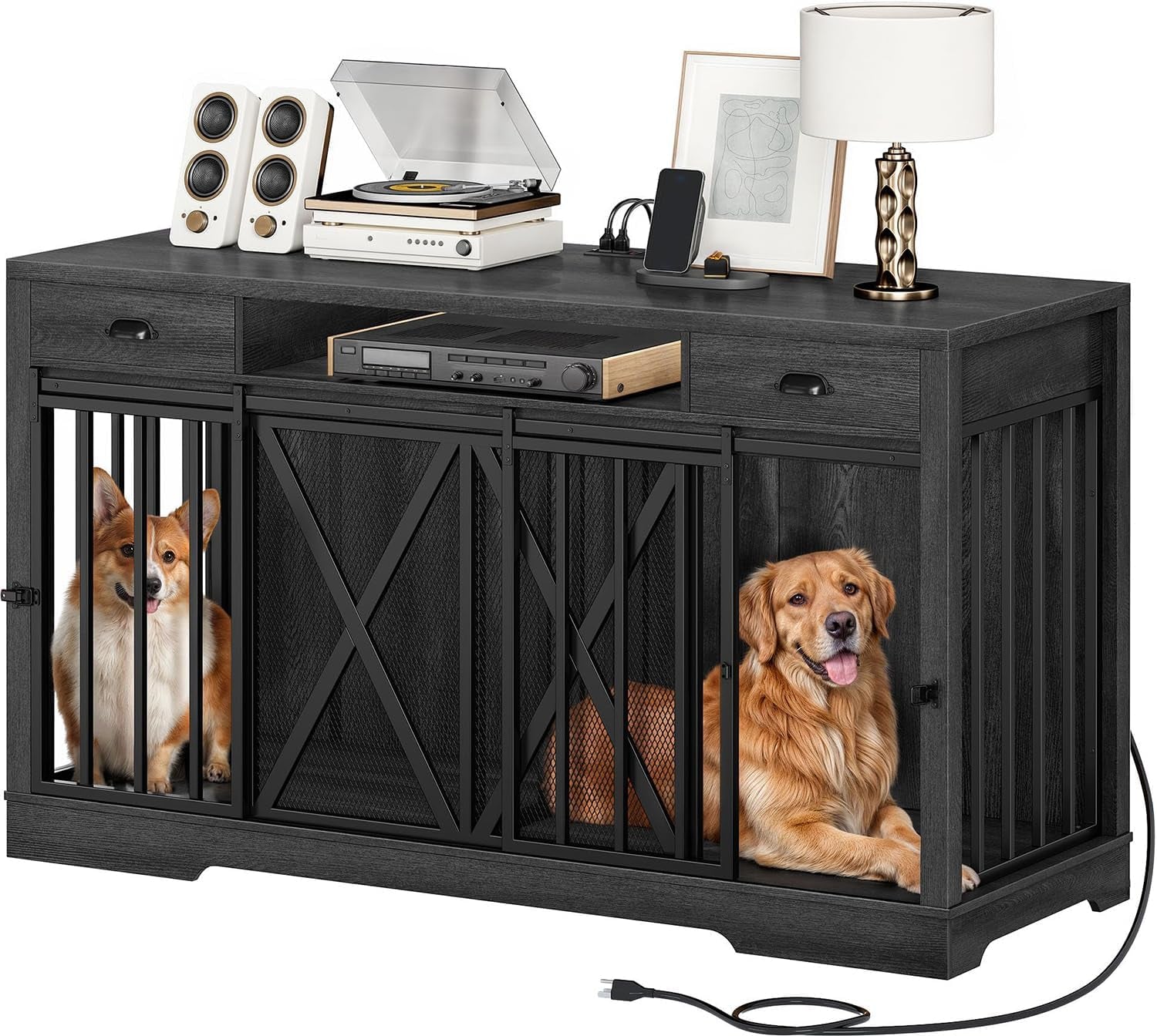 63 Inch Double Dog Crate Furniture for 2 Dogs, Heavy Duty Wooden Dog Crate TV Stand with Charging Station, Dog Kennel Indoor Furniture Double Sliding Barn Door Design Ideal for 2 Dogs, Oak