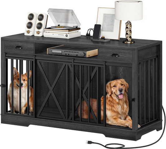 63 Inch Double Dog Crate Furniture for 2 Dogs, Heavy Duty Wooden Dog Crate TV Stand with Charging Station, Dog Kennel Indoor Furniture Double Sliding Barn Door Design Ideal for 2 Dogs, Oak