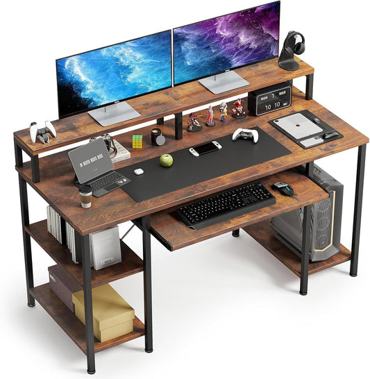 48Inch Computer Desk, Home Office Desks with Keyboard Tray, Gaming Desk with CPU Stand Shelf,Industrial Study Table Wide Writing Desk with Storage Shelves for 2 Monitors, Rustic Brown