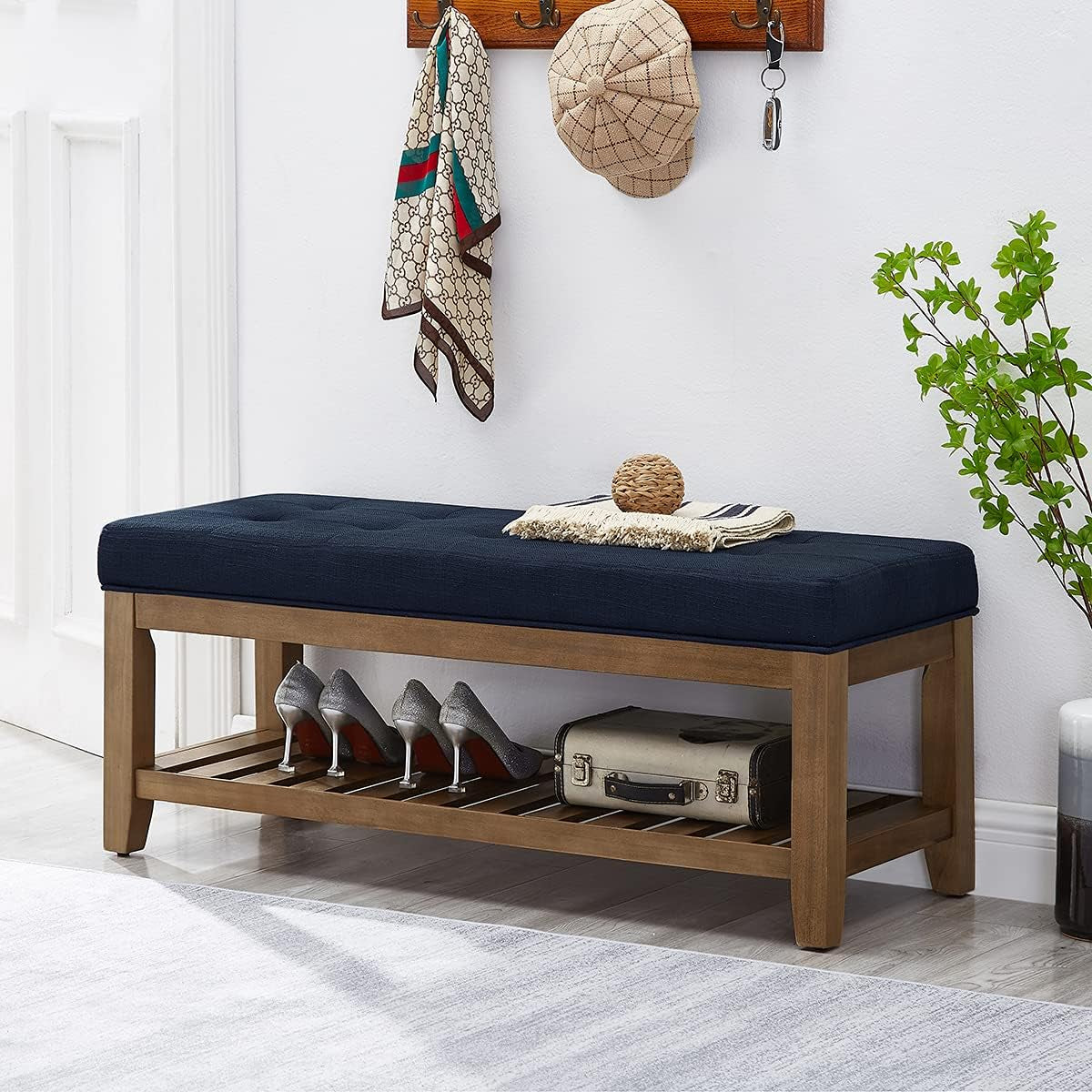 Large Rectangular Upholstered Tufted Linen Fabric Ottoman Bench, Padded Bench with Solid Wood Shelf-Navy Blue