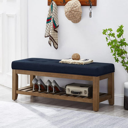 Large Rectangular Upholstered Tufted Linen Fabric Ottoman Bench, Padded Bench with Solid Wood Shelf-Navy Blue
