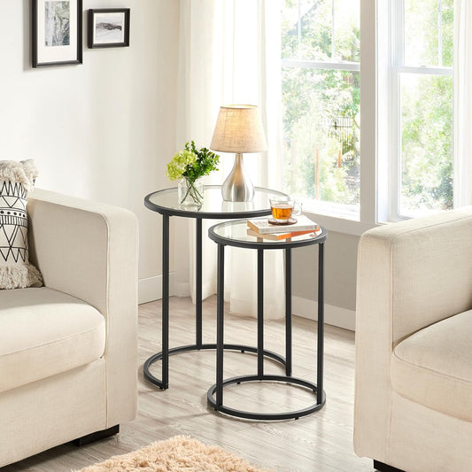 round Nesting End Table Set of 2,Stacking Side Tables,Coffee Tables Set W/Metal Frame & Glass Top & Protective Foot Pads for Small Space, Living Room, Office- Black