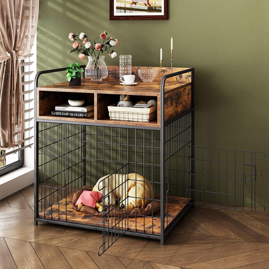 Small Dog Crate Furniture, Puppy Dog Kennel Indoor, Wood Dog Cage Table with Drawers Storage, Heavy Duty Dog Crate, Jaula Para Perros, Sturdy Metal, 27.6" L×20.5" W×31.9" H