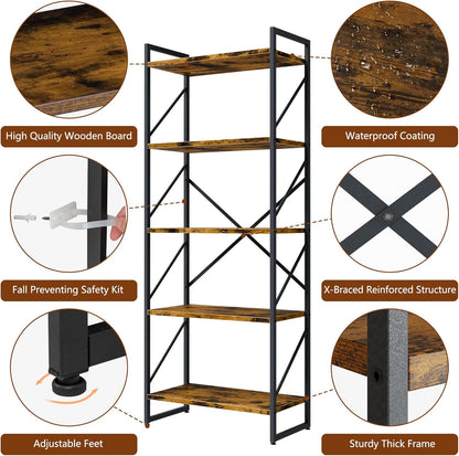 5 Tiers Bookshelf, Classically Tall Bookcase Shelf, Industrial Book Rack, Modern Book Holder in Bedroom/Living Room/Home/Office, Storage Rack Shelves for Books/Movies-Rustic Brown