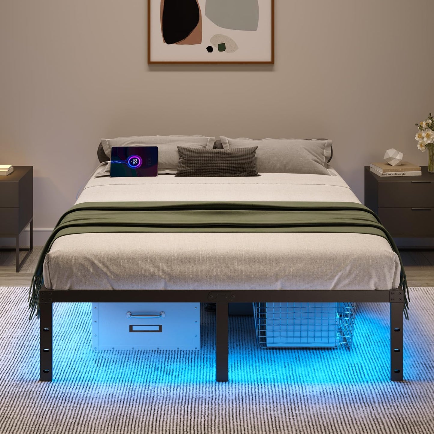 Queen Bed Frame with LED Lights & Charging Station - 14 Inch Heavy Duty Metal Platform Bed Frame No Box Spring Needed, Easy Assembly, No Noise