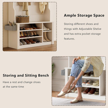 Hall Tree with Bench and Shoe Storage, 3-In-1 Entryway Hall Tree, with Adjustable Shoe Storage, for Entryway, Hallway, White