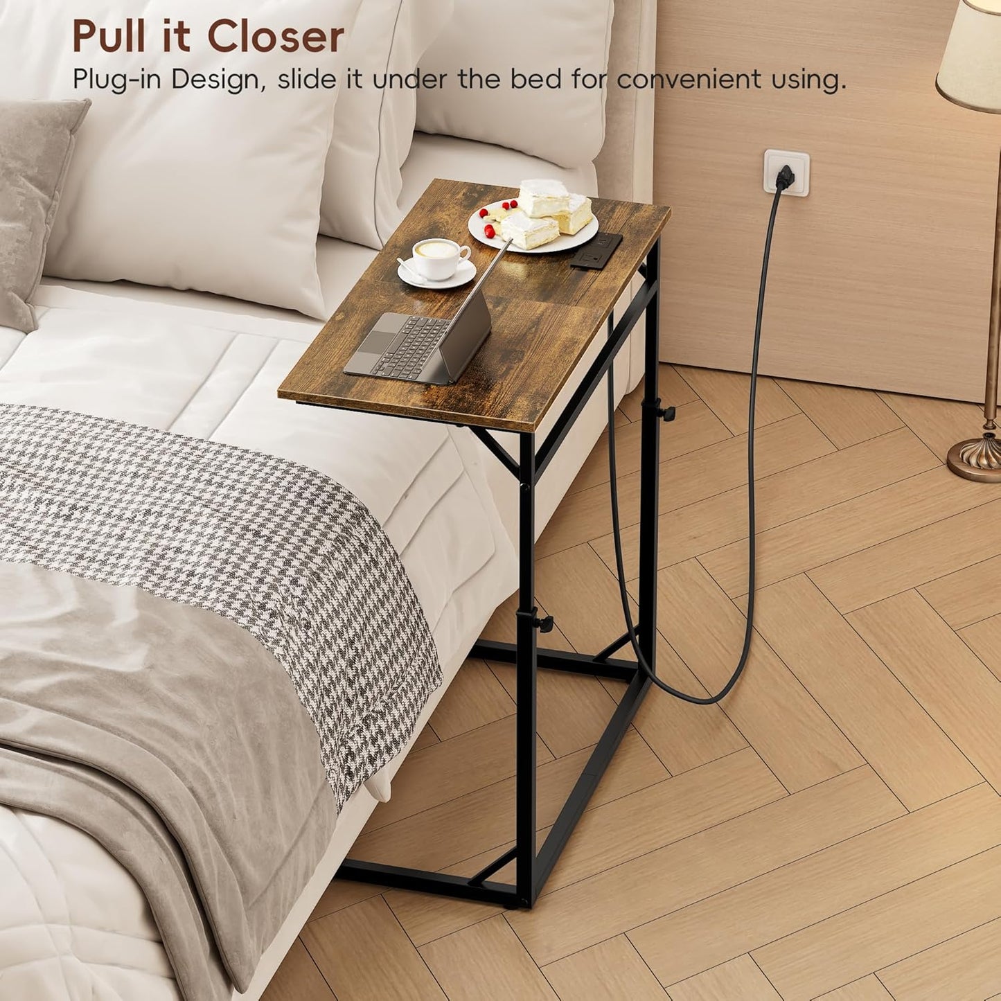 C Shaped End Table with Charging Station, Large C-Table End Table Adjustable Height Side Table for Couch, Couch Table Slide under Sofa Table TV Tray Table for Sofa, Living Room, Bedroom,Brown