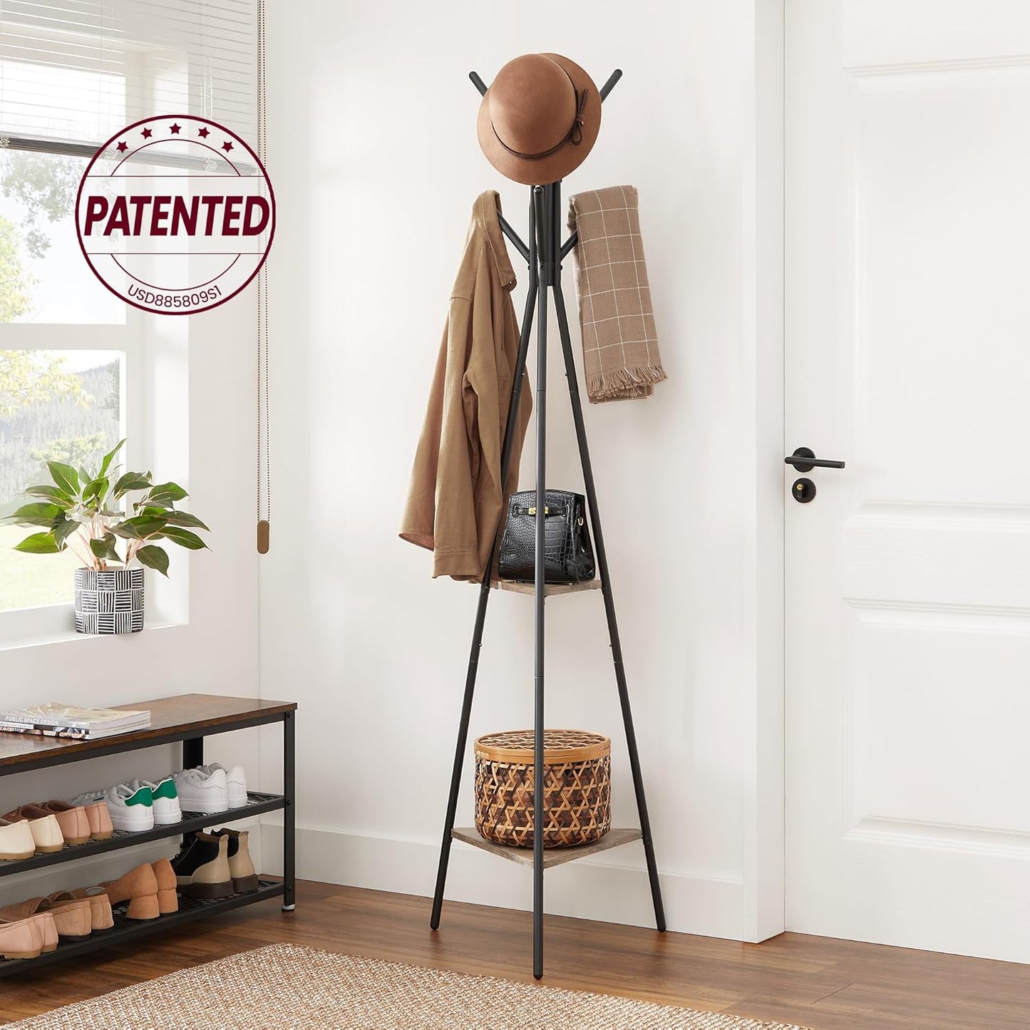 Coat Rack Freestanding, Coat Hanger Stand, Hall Tree with 2 Shelves, for Clothes, Hat, Bag, Industrial Style, Hazelnut Brown and Black URCR016B01