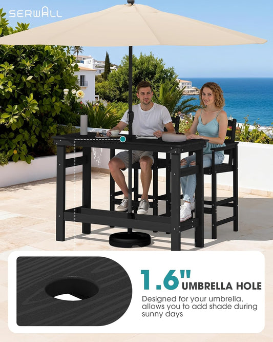 Outdoor Bar Set - 2 Adirondack Bar Chairs & Bar Height Table with 1.6" Umbrella Hole, All-Weather HDPE Patio Furniture for Poolside, Backyard, Garden - Black