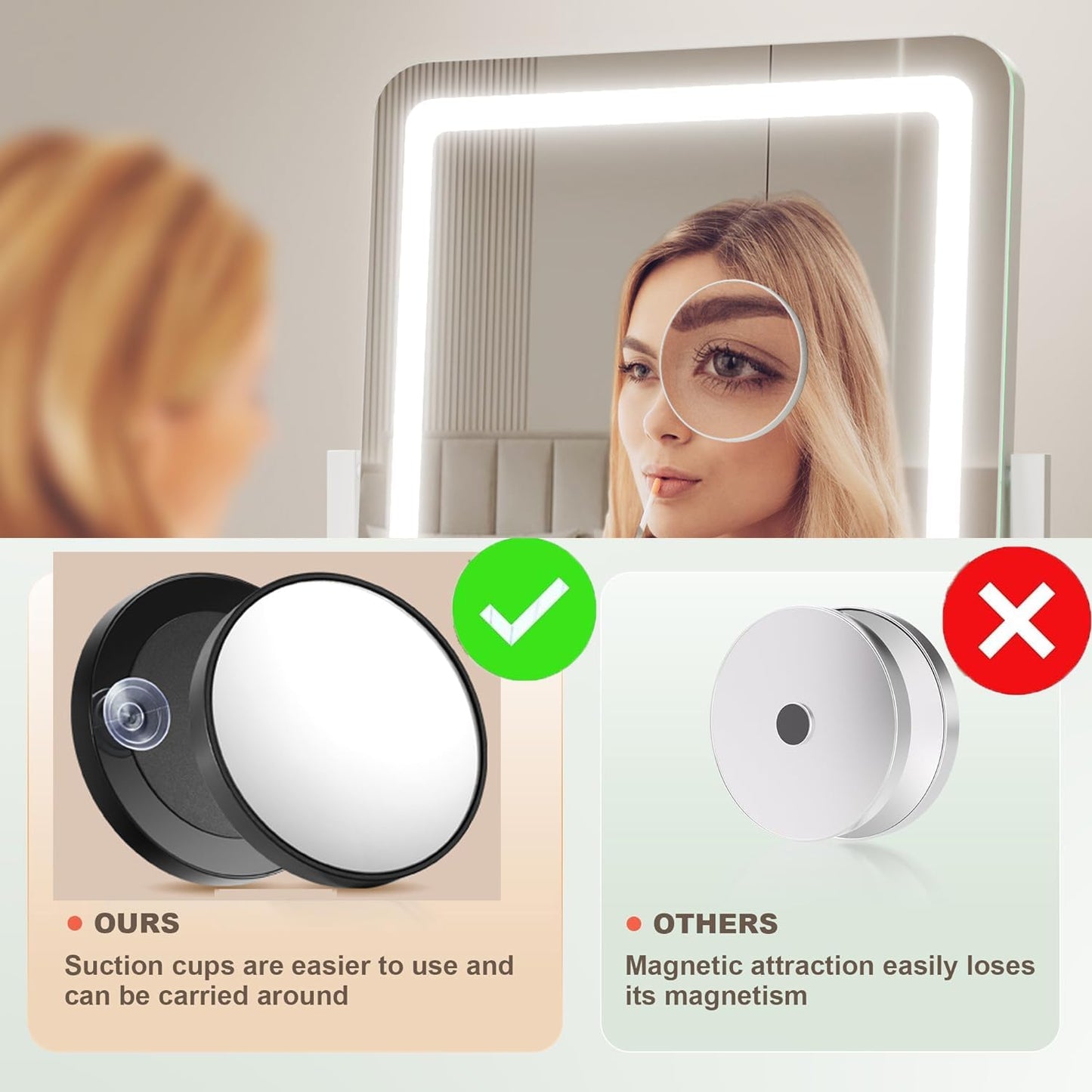 Makeup Vanity Mirror with Lights 15.2" Large LED Lighted Mirror, Hollywood Make up Mirror with Lighting for Bedroom Tabletop, Smart Touch,Detachable 10X Magnification 360° Rotation, (White)
