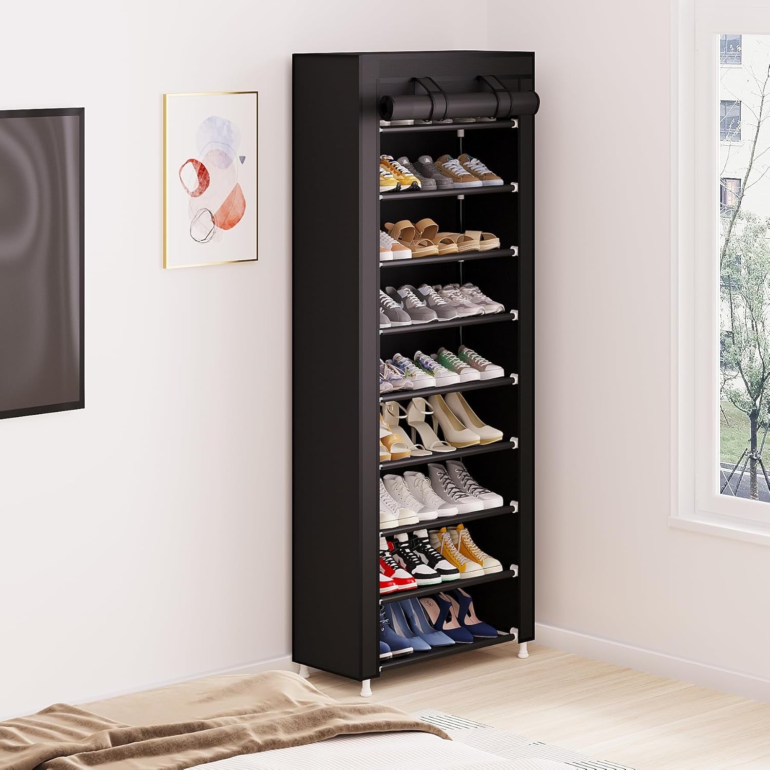 7 Tier Shoe Rack Organizer,Portable Shoe Shelf with Nonwoven Fabric Cover for Closet Hallway,Bedroom,Entryway,Black