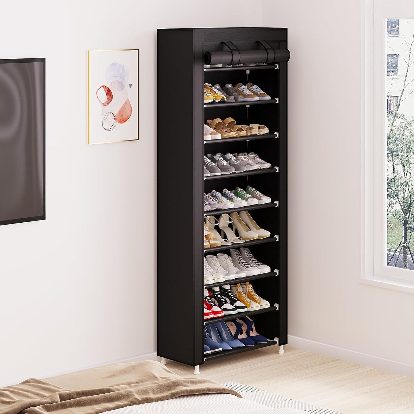 9 Tier Shoe Rack Organizer,Portable Shoe Shelf with Nonwoven Fabric Cover for Closet Hallway,Bedroom,Entryway, Ash Grey