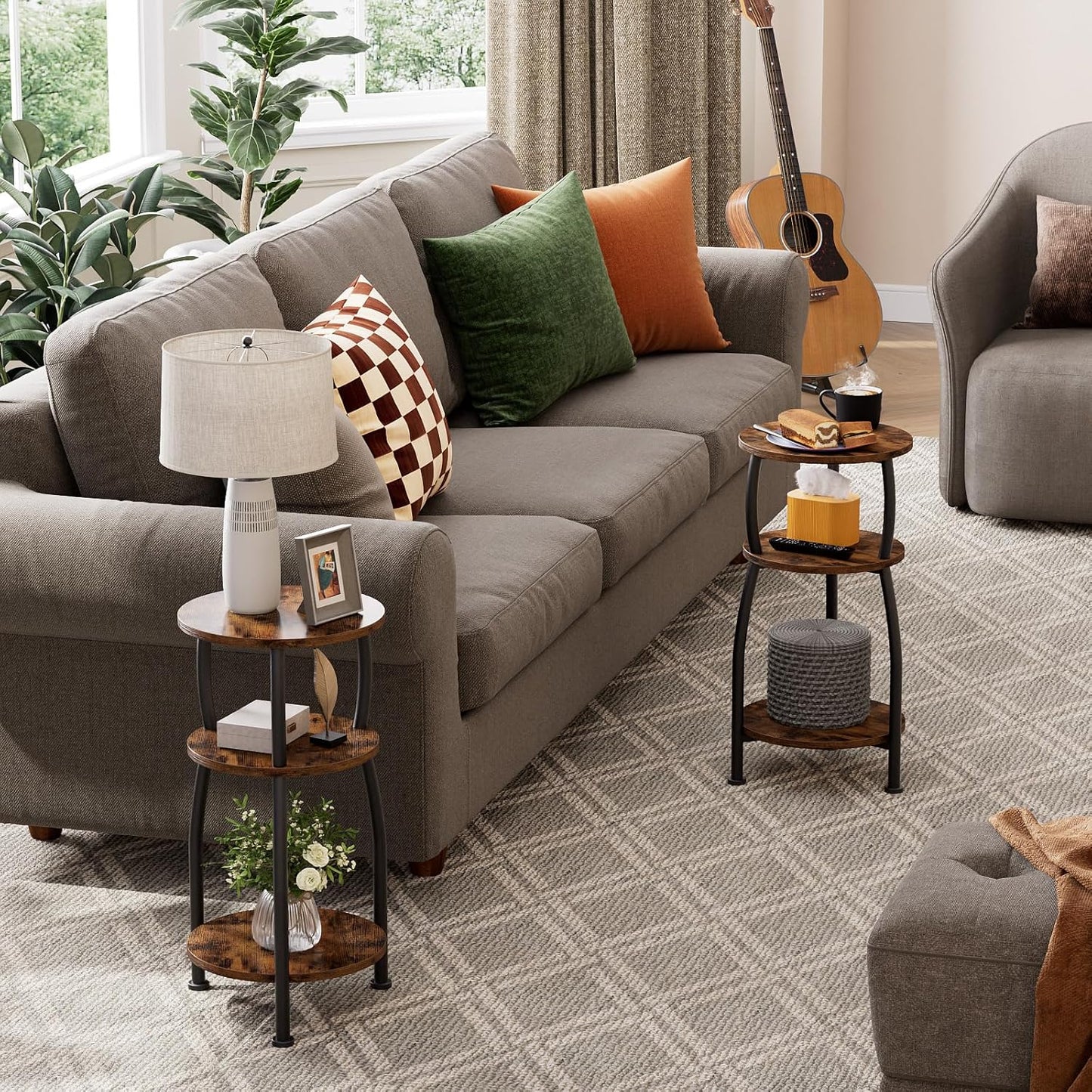 Small round Side Table, 3-Tier End Table with Storage Shelf, Slim Sofa Table Coffee Table, Sturdy & Easy Assemble Nightstand for Small Spaces, Living Room Bedroom Corner, Rustic Brown