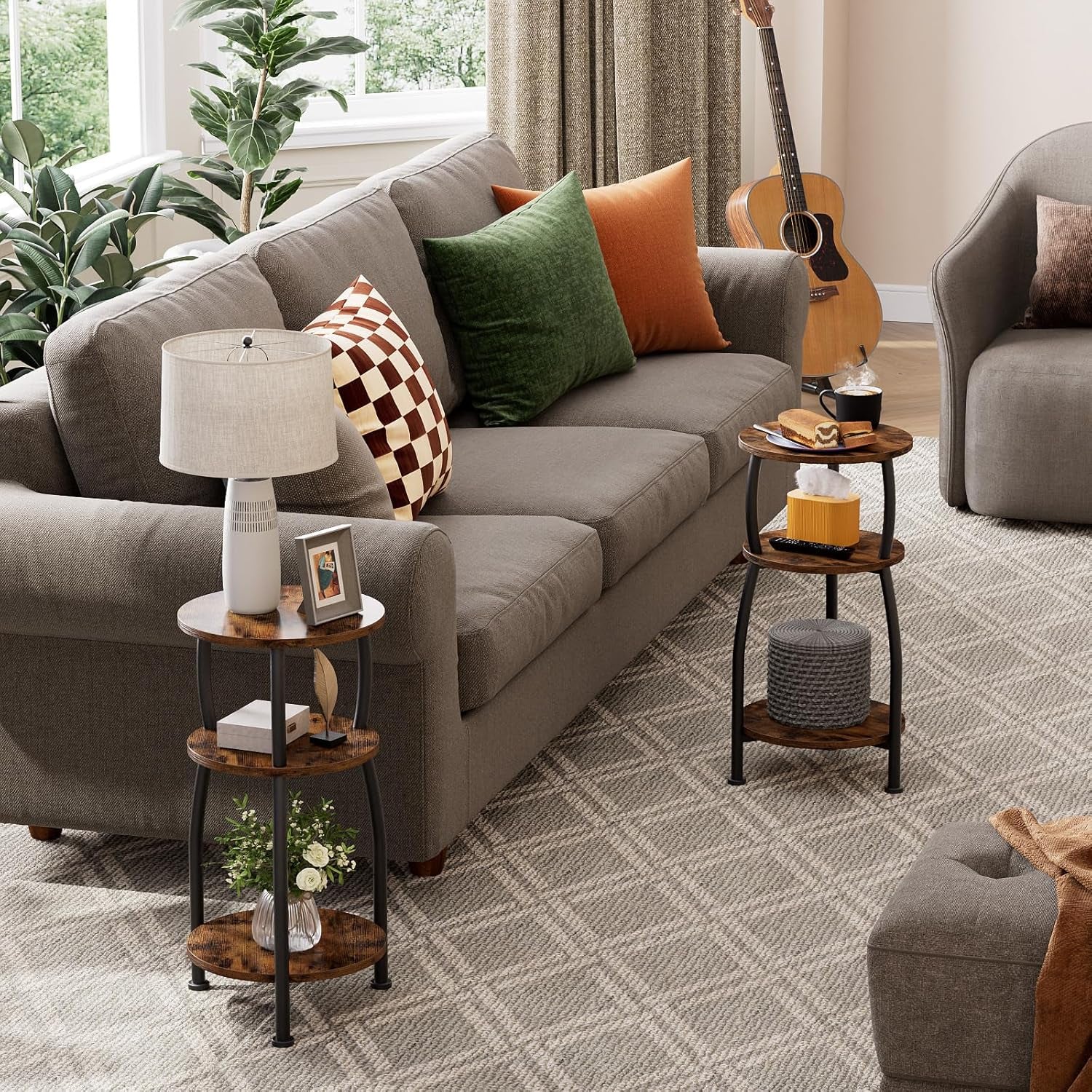 Small round Side Table, 3-Tier End Table with Storage Shelf, Slim Sofa Table Coffee Table, Sturdy & Easy Assemble Nightstand for Small Spaces, Living Room Bedroom Corner, Rustic Brown
