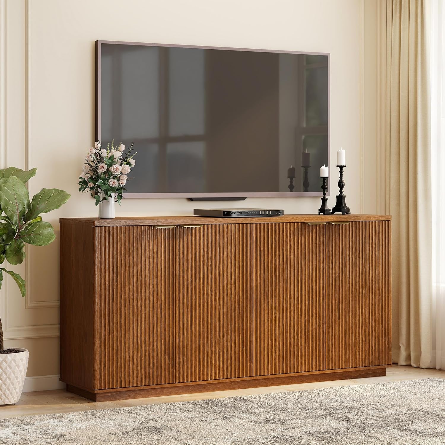 63" Fluted TV Stand for Tvs up to 65", Modern Entertainment Center with Storage Cabinets, Large Wood Sideboard Buffet Cabinet with Storage for Living Room and Bedroom Furniture,Brown