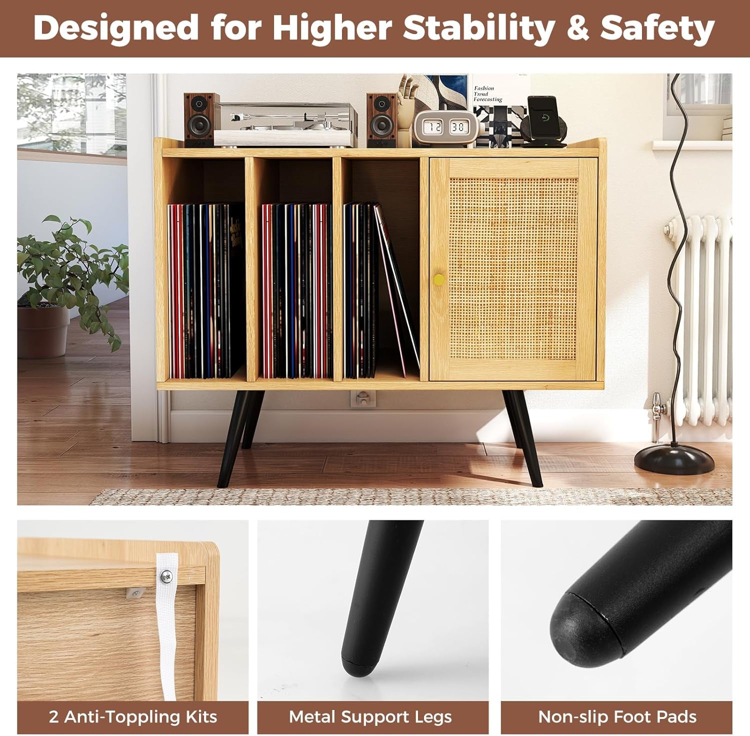 Mid Century Record Player Stand with Charging Station, Rattan Turntable Stand with Storage Cabinet & Adjustable Shelf, Boho Record Player Table, Vinyl Record Storage for Living Room, Bedroom