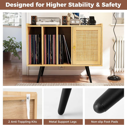 Mid Century Record Player Stand with Charging Station, Rattan Turntable Stand with Storage Cabinet & Adjustable Shelf, Boho Record Player Table, Vinyl Record Storage for Living Room, Bedroom
