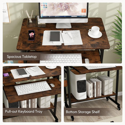Rolling Computer Desk Cart with Keyboard Tray, Mobile Portable Laptop PC Desk with CPU Stand & 3 Hooks for Sofa & Bed, Industrial Small Desk on Wheels for Small Spaces, Home Office Desk