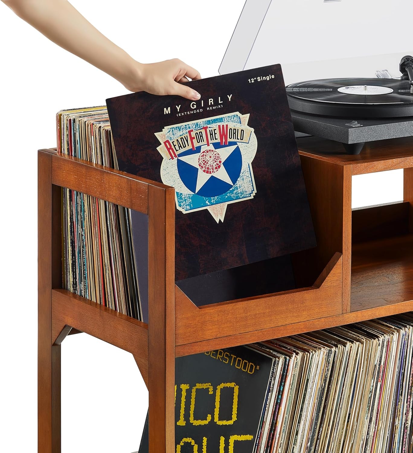 Asheville Mid-Century Modern Media Console Record Player Stand, Storage for Vinyl Records, Large, Walnut