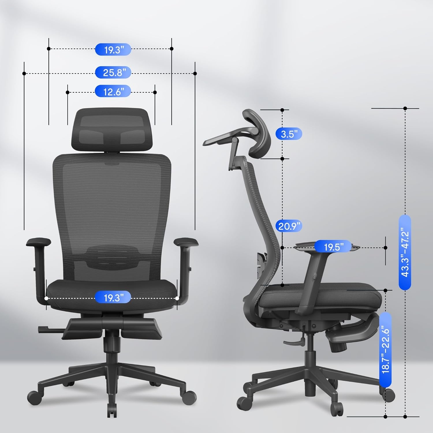 Ergonomic Office Chair with Footrest, Mesh Back Computer Chair, Home Office Desk Chairs, with Adjustable Lumbar Support/4D Headrest/Reliable Base, Elastic Foam Seat, Black, OC3 Cloud-F