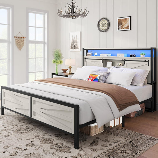 Farmhouse Queen Bed Frame with LED Lights and Charging Station, Platform Bed Frame with Storage Bookcase Headboard, Sliding Barn Door, Solid Metal Slats, No Box Spring Needed (White)