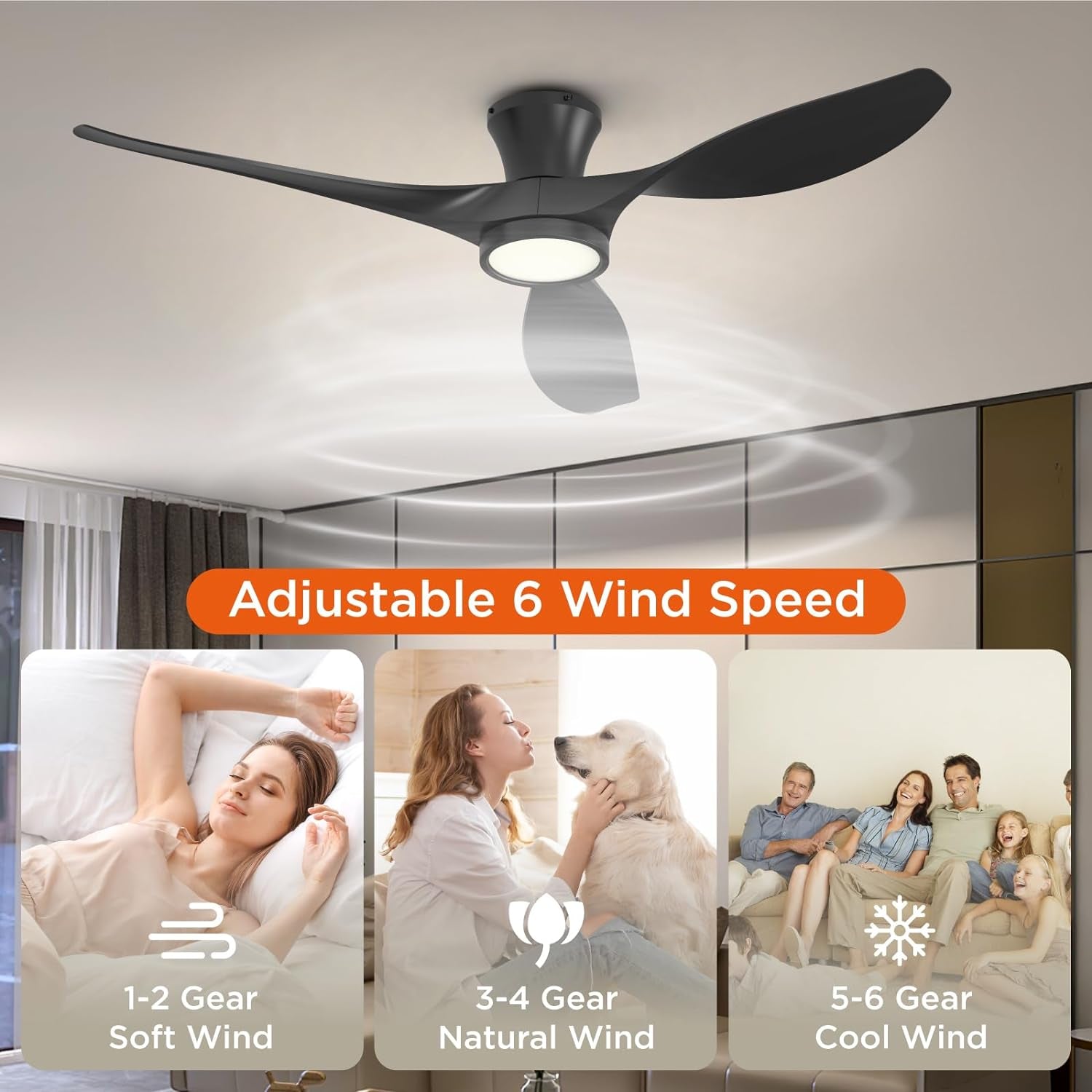 52 Inch Ceiling Fan with Led Light Remote Control Flush Mount Low Profile for Bedroom Farmhouse Patio Outdoor Living Room Kitchen Dining Room,Dc Motor,Reversible,Black