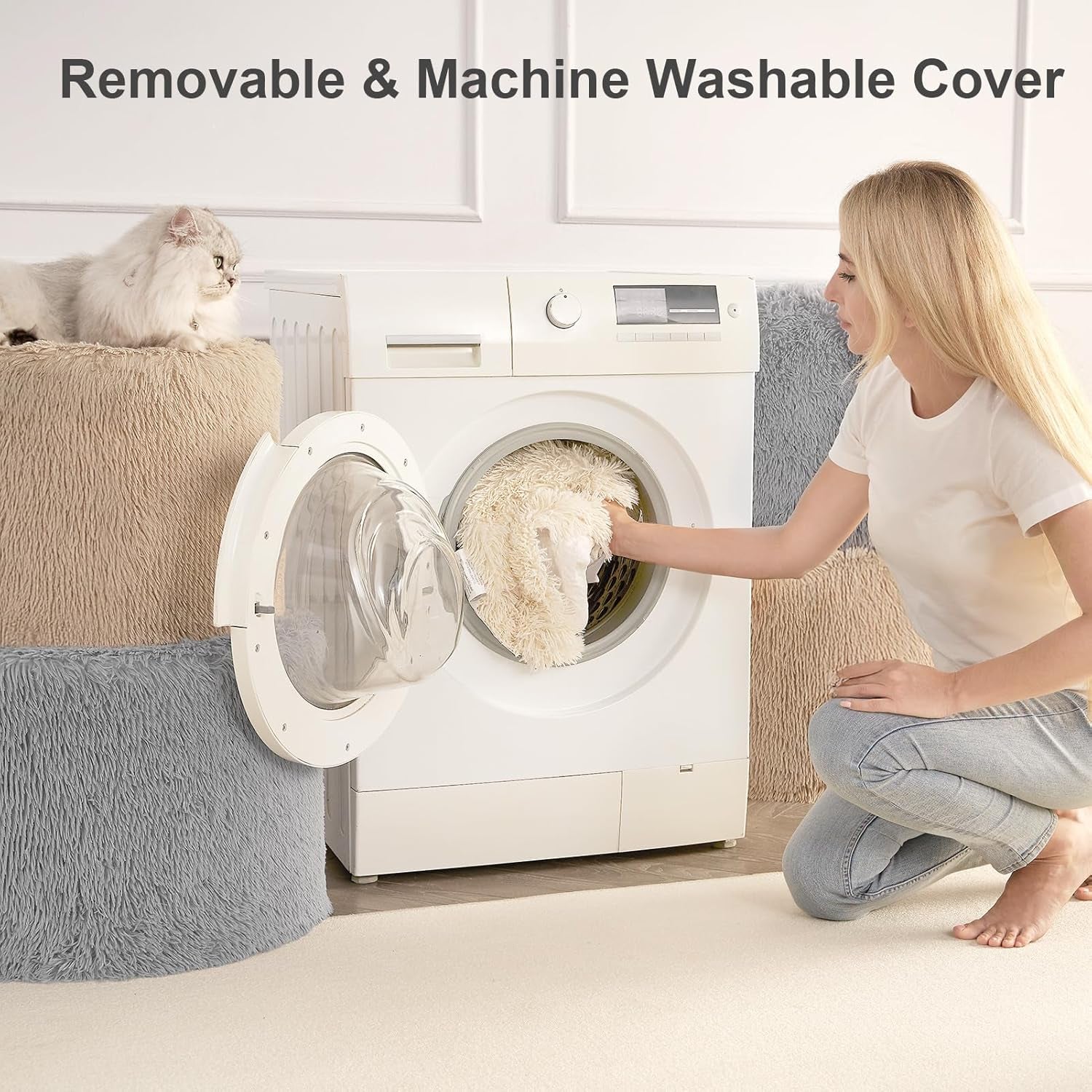 round Pouf Ottoman Foot Rest, 17 X 14 Small Faux Fur Stuffed Pouf for Chair, Foam Filled Foot Stools Ottomans for Living Room, Grey