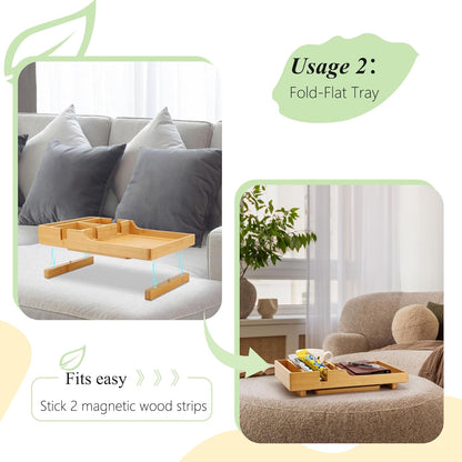 Couch Tray Insert for Middle,Bamboo 15.3″X9.8″ Sofa 2 Cups Holder Table between Couch Cushions,Fit Armless Couch/Sectional, 2-In-1 Fold-Flat Tray for Drink Snack Remote Holder